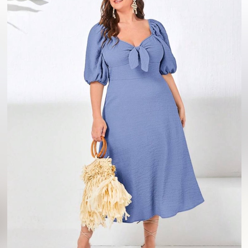 Elegant Blue Midi Dress with Bow and Sleeve
